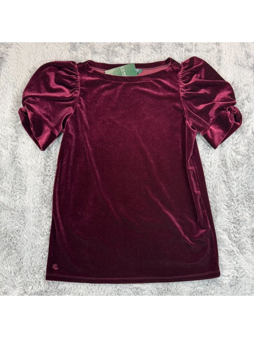 Lauren Ralph Lauren Blouse Top Women S Red Polyester Velvet Puff Sleeve Stretch